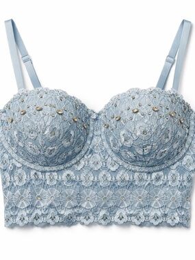 Windsor Light Blue Lace Bustier Soft Glam Corset Bling Rhinestone Top Size S EUC